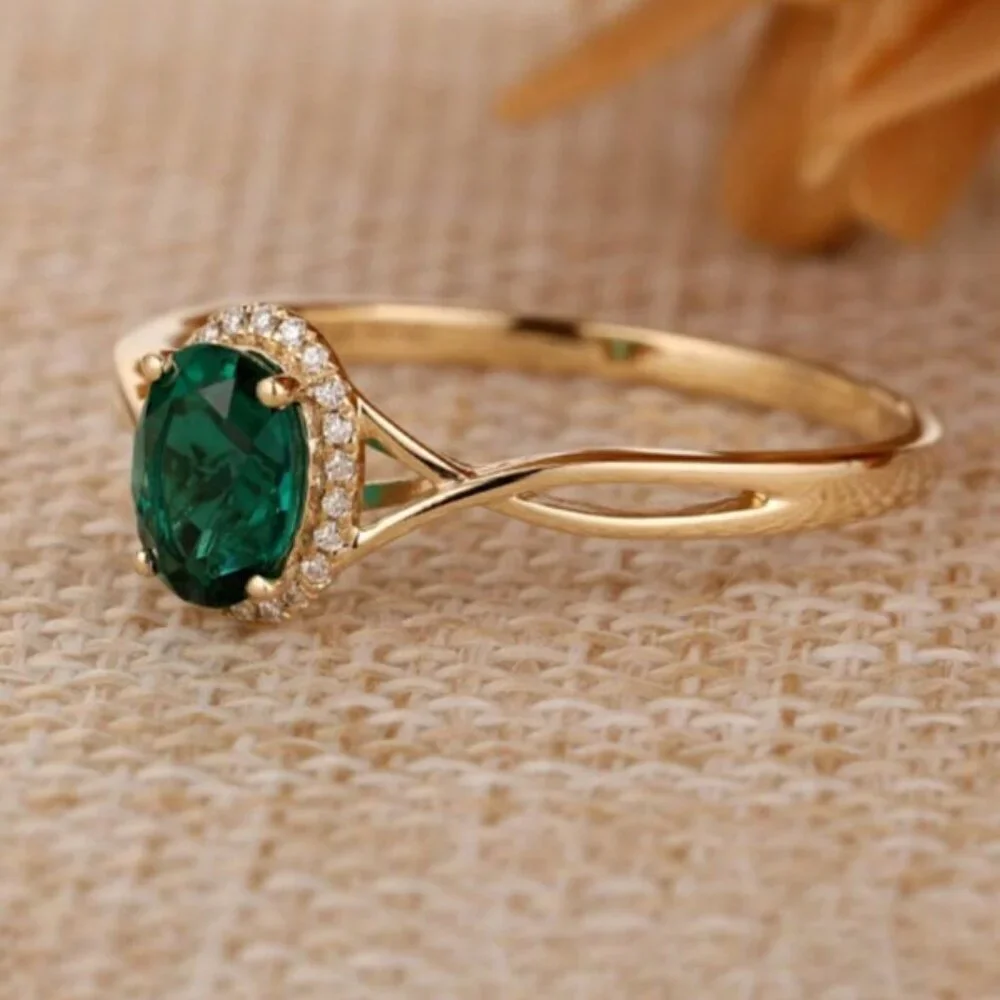 18K Gold Filled Emerald Green Oval Halo Twist Ring Size 7